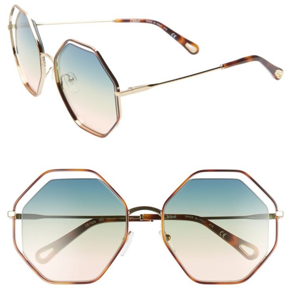 NEW Chloe 58mm Octagonal Halo Lens Sunglasses Havana Gradient Blue - Picture 1 of 7